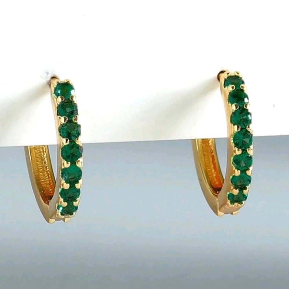 NEW!! 18K Gold Plated Emerald Huggie Hoop Earrings